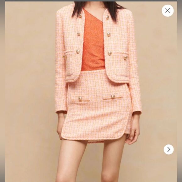 Maje ‘Jilandra’ tweed lined mini skirt in pastel orange w/gold buttons NWT - Picture 1 of 15